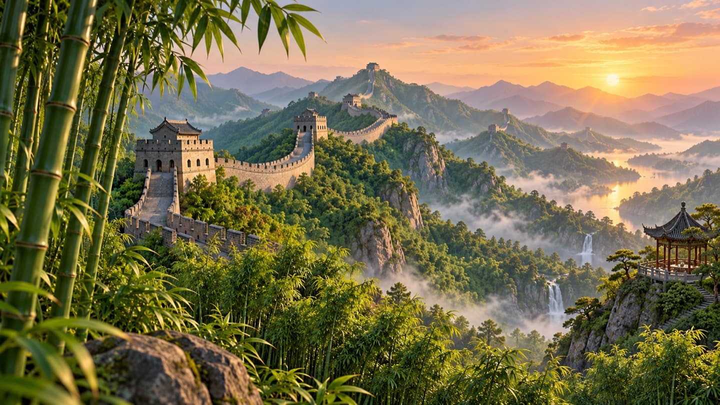 Great Wall of China · desktop. The Great Wall winds across the mountains toward the horizon. Prepared for desktop screens.