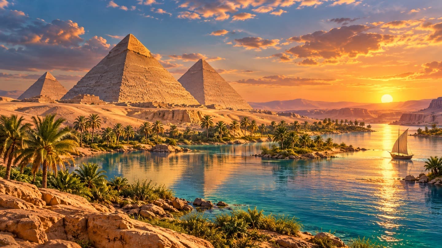Pyramids of Giza · desktop. The Giza pyramids rise from the golden desert landscape. Prepared for desktop screens.