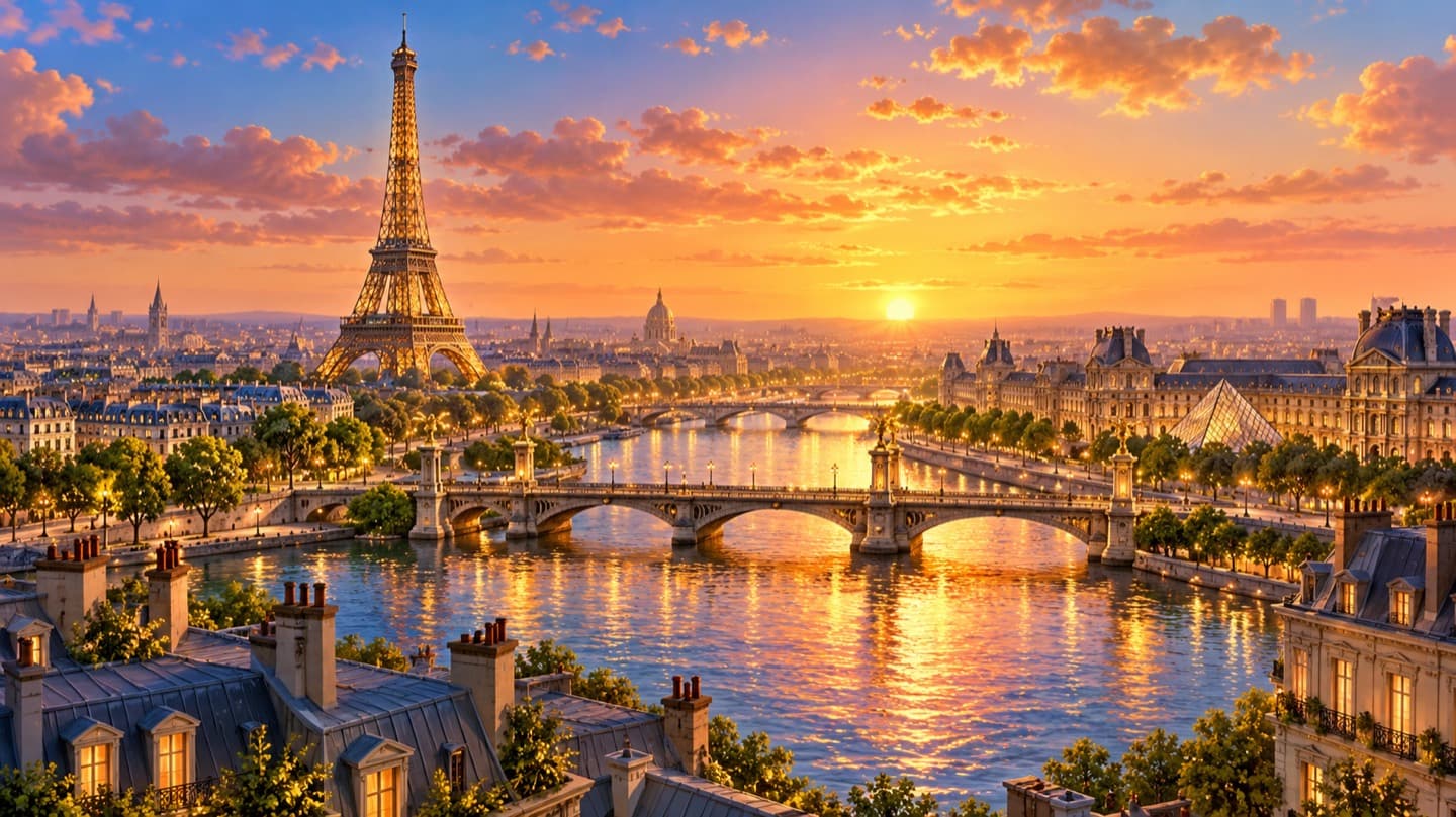 París y la Torre Eiffel · ordenador. La Torre Eiffel se alza sobre los tejados de París al atardecer. Preparado para ordenador.