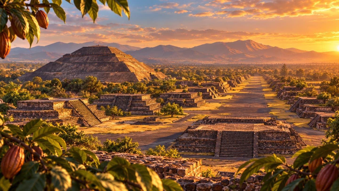 Teotihuacan · desktop. The pyramids of Teotihuacan beneath Mexico’s warm skies. Prepared for desktop screens.