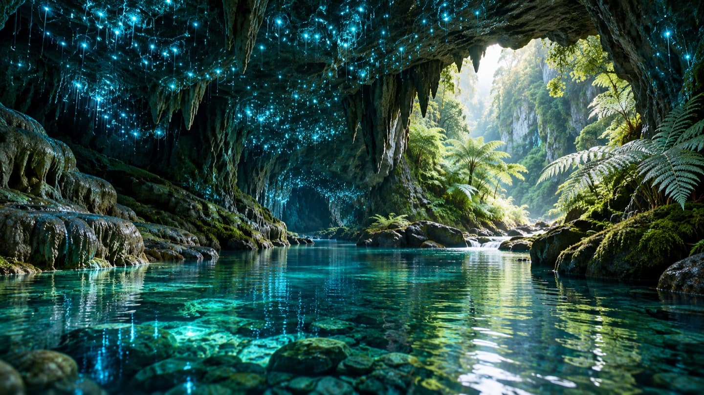 Waitomo Caves · desktop. An underground vault lit by tiny blue points of light. Prepared for desktop screens.