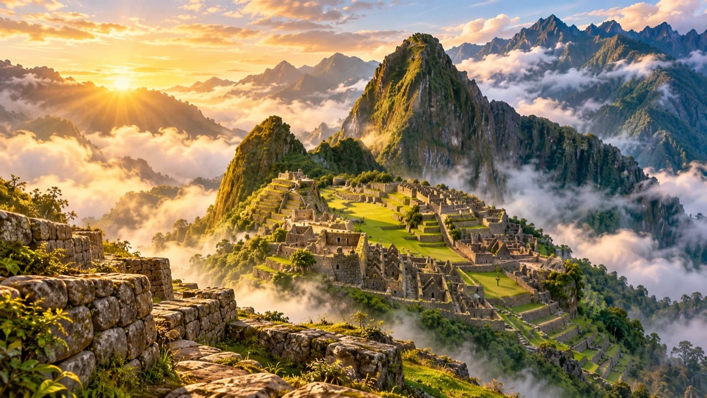 Machu Picchu · desktop. The Inca citadel among Andean peaks and mist. Prepared for desktop screens.
