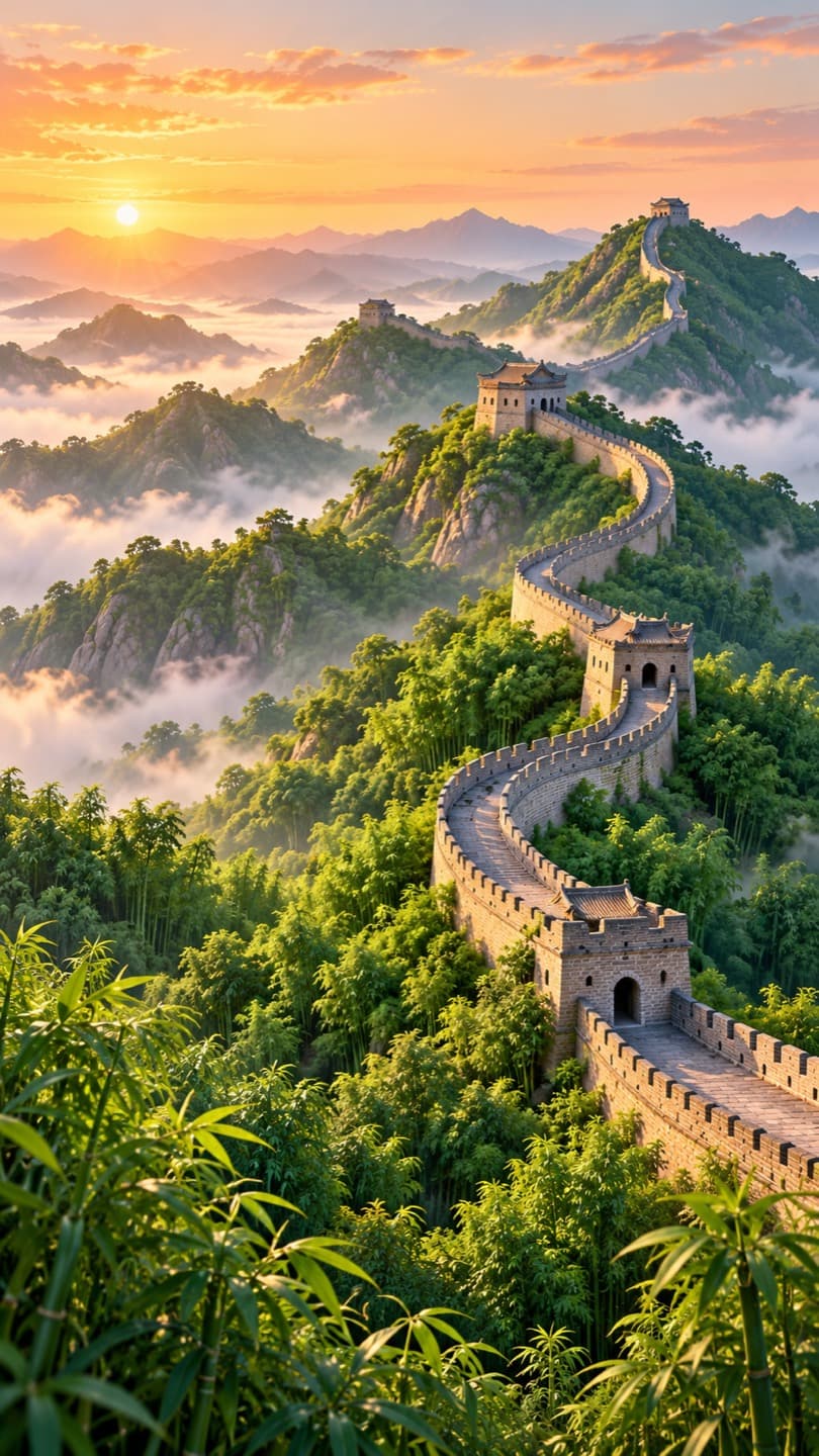 Great Wall of China · mobile. The Great Wall winds across the mountains toward the horizon. Prepared for mobile screens.
