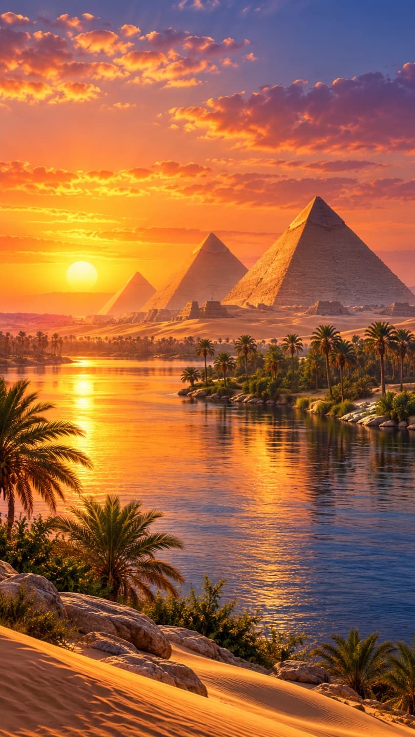 Pyramids of Giza · mobile. The Giza pyramids rise from the golden desert landscape. Prepared for mobile screens.