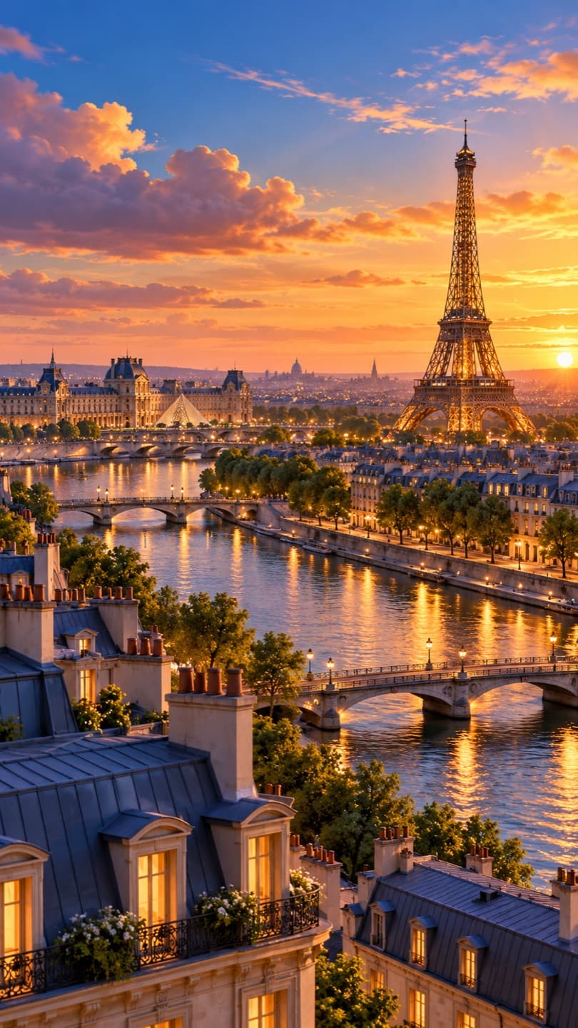 París y la Torre Eiffel · móvil. La Torre Eiffel se alza sobre los tejados de París al atardecer. Preparado para móvil.