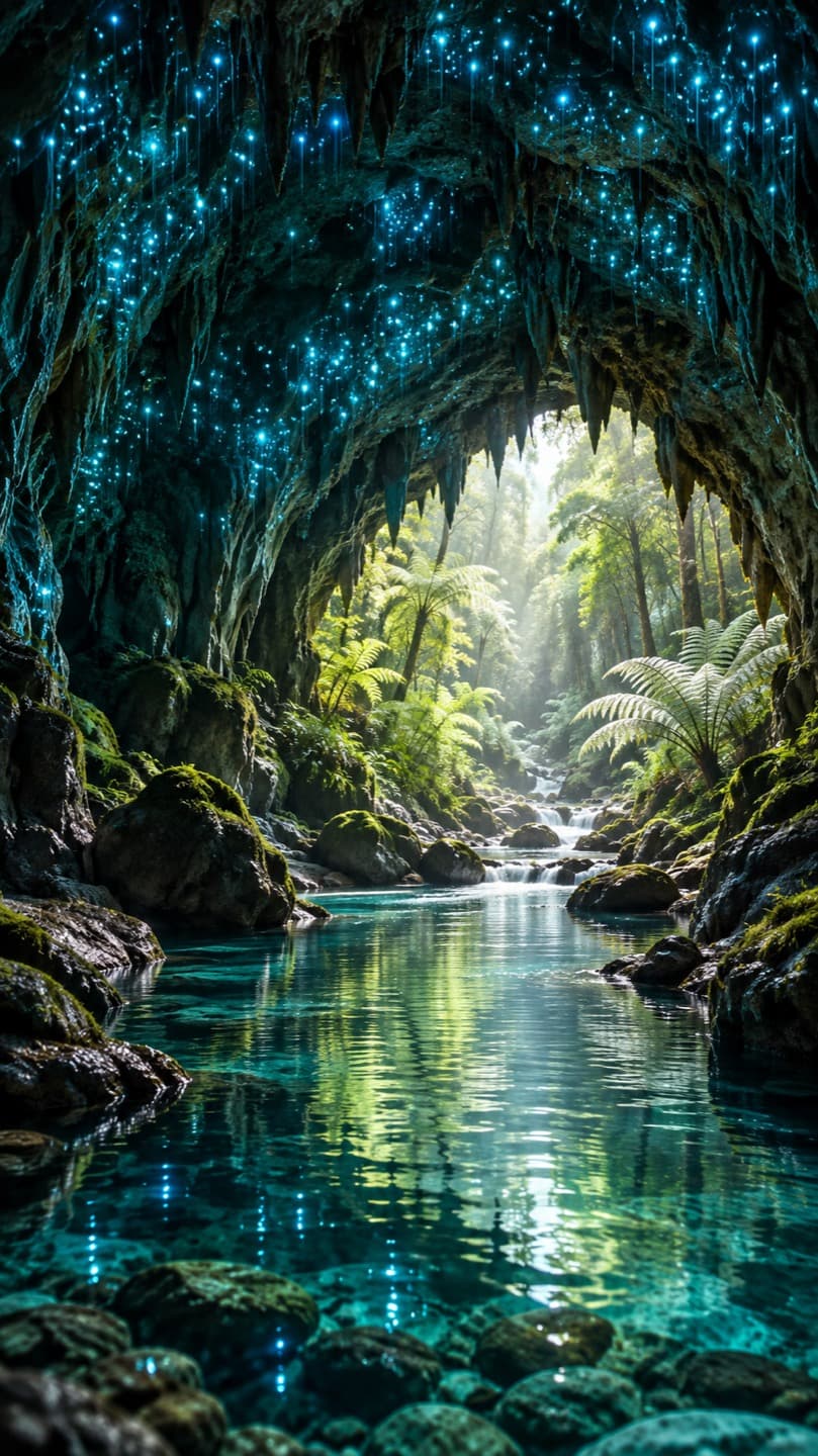 Waitomo Caves · mobile. An underground vault lit by tiny blue points of light. Prepared for mobile screens.