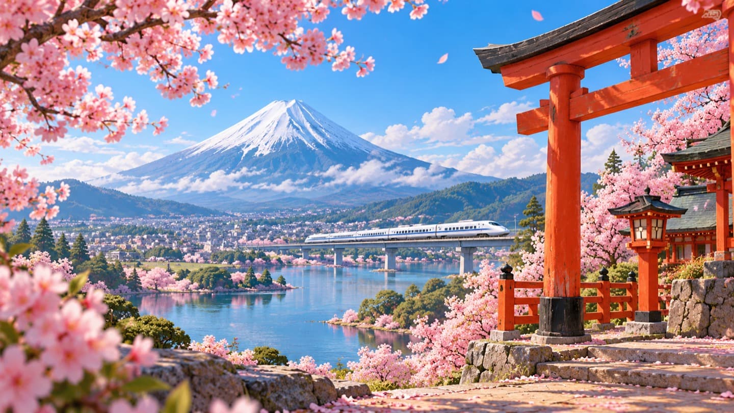 Monte Fuji y cerezos · ordenador. El perfil del Monte Fuji enmarcado por flores de cerezo. Preparado para ordenador.