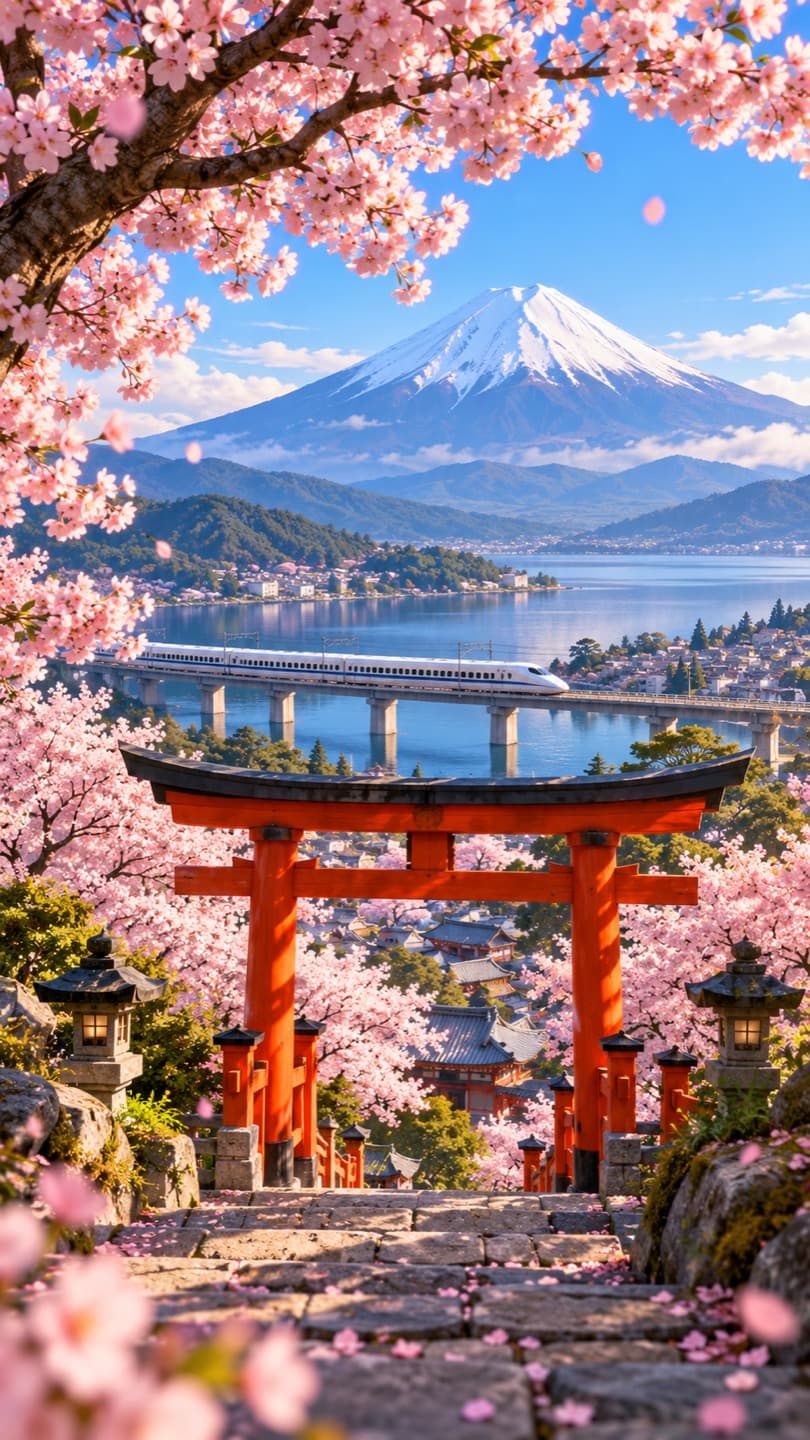 Monte Fuji y cerezos · móvil. El perfil del Monte Fuji enmarcado por flores de cerezo. Preparado para móvil.