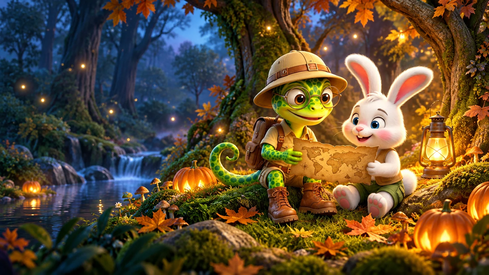 Curileta y Pompón exploran un claro de calabazas luminosas en el Bosque Encantado